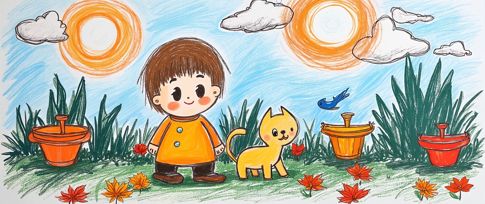 masterpiece, best quality, illustration, portrait of a , boy and , s, Passing by the city street, cars, pedestrians, Very green , flowers and birds in the blue sky, sun and clouds