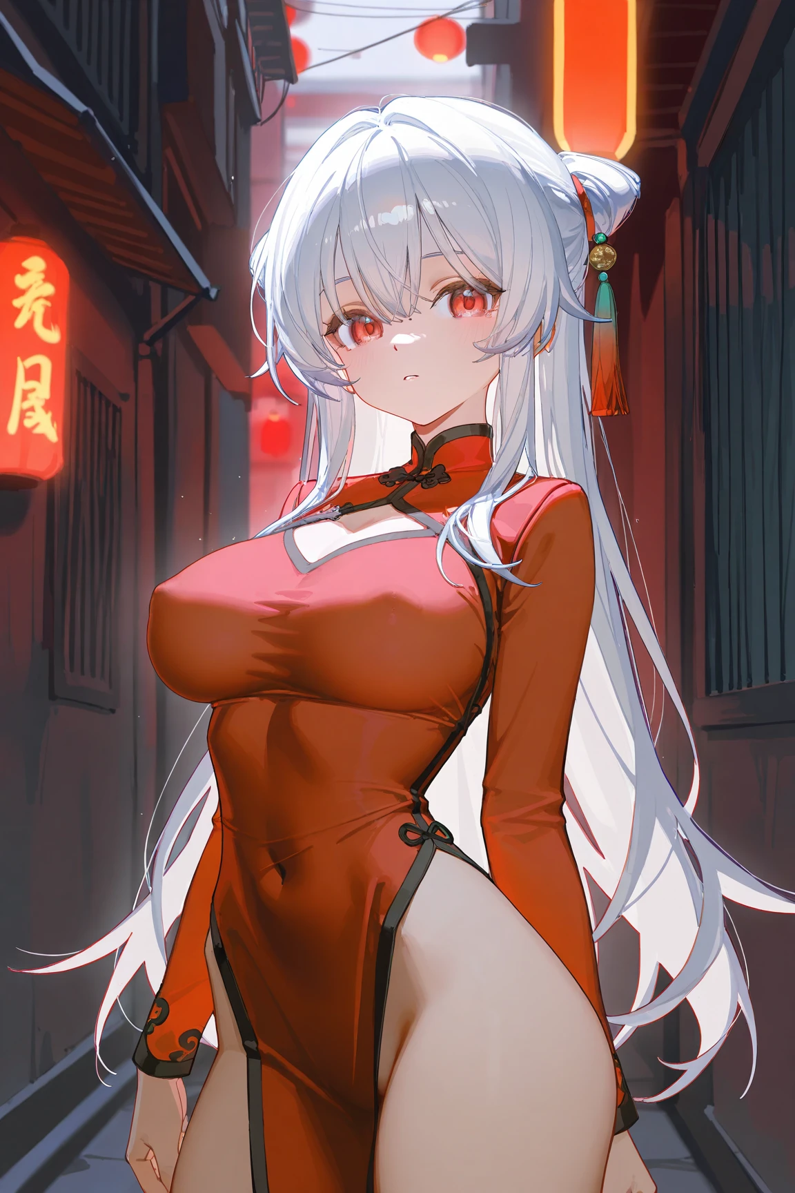 masterpiece, best quality, solo, solo focus, japanese yakuza mobster girl with a red gymnast leotard, matching boots, long hair, white hair, red hairband, glowing red eyes, bare legs, perfect anatomy, perfect proportions, uses bo staff, facial scar, heroic, stylish, hdr, intricate details, hyperdetailed, cinematic, rim light, danger atmosphere, noir, night, cyberpunk lighting, tokyo street