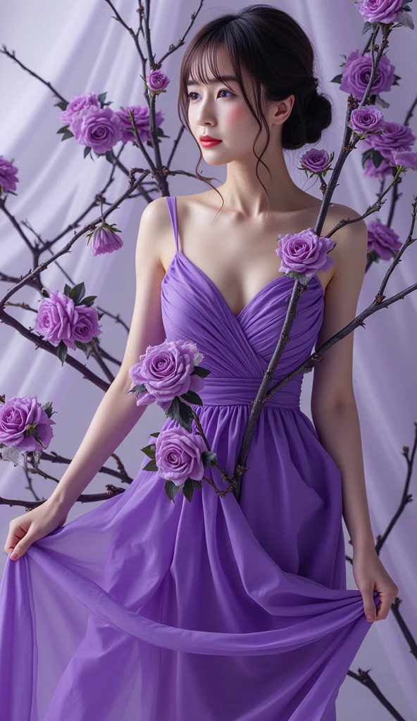 arafed woman in a purple dress holding a bouquet of flowers, anna nikonova, anna nikonova aka newmilky, ekaterina, alina ivanchenko, yelena belova, lilac, anastasia ovchinnikova, by Zofia Stryjenska, sofya emelenko, style of julia razumova, dressed in purple, nude, nipple
