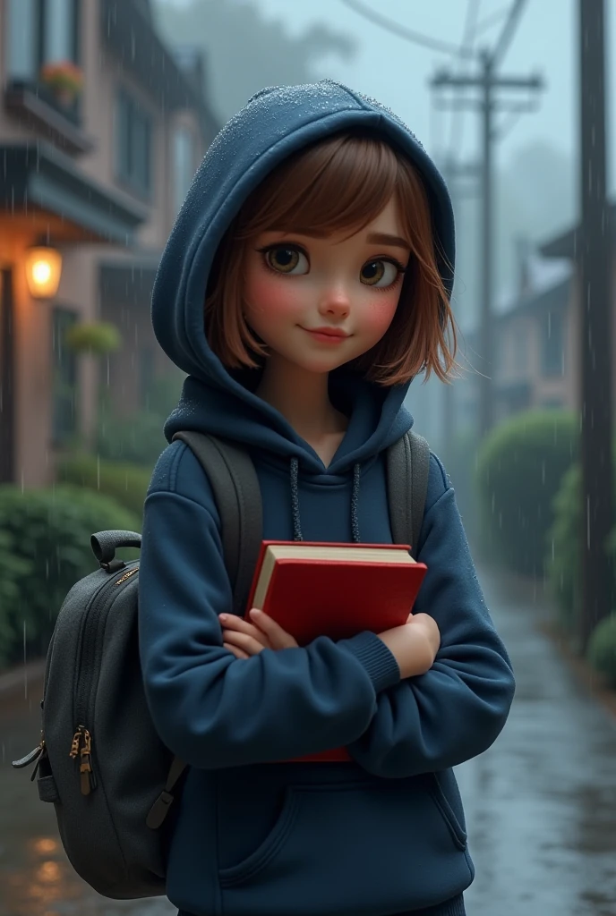 Child in the rain, all wet with school supplies in hand