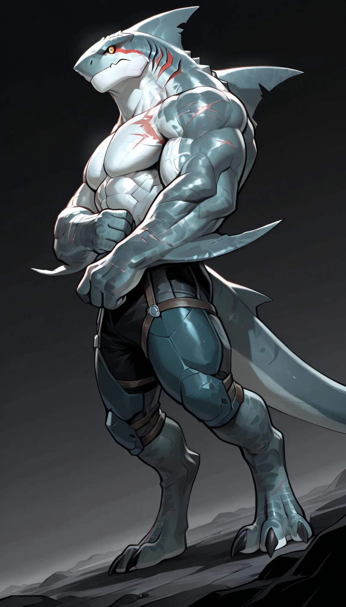 sharkman, anthro megalodon, darker hands and fins, solo, big arms, bara, detailed skin, lizard shark hybrid, anthro, closed mouth, polynesian tattoos, tattoos covering arm and shoulder, detailed scalie skin, scalie arms, fins on arms, gray color body, beefy, thick scales on arms, digitigrade legs, bulky body, light musclegut, proporcional body, mercenary pants, wide chest, old scars, marked jaw, thick shark tail, The design incorporates elements from various shark species, such as the dorsal fin, and muscular build, best quality, ultra-detailed, by laobai, by honovy, detailed illustration of 4K horror, standing ready to fight, dark background, side view, dynamic pose, dynamic angle,