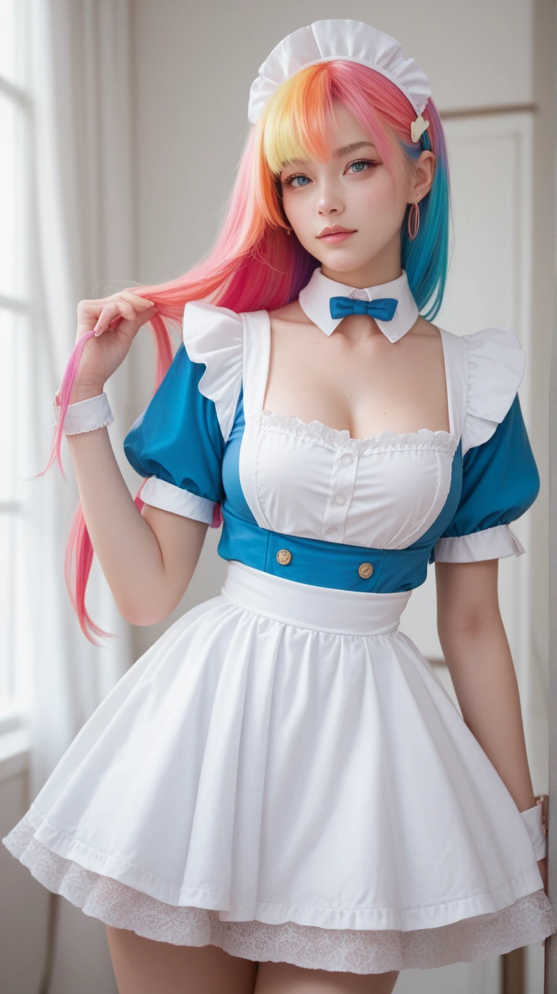 ((Top Quality、16K、​masterpiece:1.3))、a tall and beautiful woman、Perfect Figure:1.4、(dream aesthetic) Slim Abs, young natural girl (beautiful) solo, long voluminous pale-pink hair 、messy hairstyle (with hair bangs), turquoise-blue eyes, pale-white skin (highlighted, realistic shading)、Huge bust、Highly detailed facial and skin texture、(A detailed eye, Symmetry Eyes, Clear realistic eyes, Double eyelidd、Cold-stricken face、Symmetrical face), very  realistic skin, goth makeup, Royal sisters full of fans、The Telegraph Esbian、peach buttocks, white shirt, black skirt, black tights, cleavage,  squart、(Raw foto:1.2)、((Photorealcitic:1.4))Top Quality、​masterpiece、Real Photography、very delicate and beautiful.、super detailed CG、Unity、8K photo wallpaper、delicate detail、best qualtiy、Highly detailed CG unity 16k wallpaper、absurderes、Incredibly Absurd、huge file size、extremely highly detailed、Hight Resolution、ighly Details、Beautiful detail girl、extremely beautiful eyes and face, cute eyes look、Facial light、cinematic lightings、(Proportional hips, thick thighs, beautiful legs, realistic pantyhose) 1girll、see -through, inside house (bedroom) 、ulzzang-6500、The Telegraph Esbian, different poses at different angles,