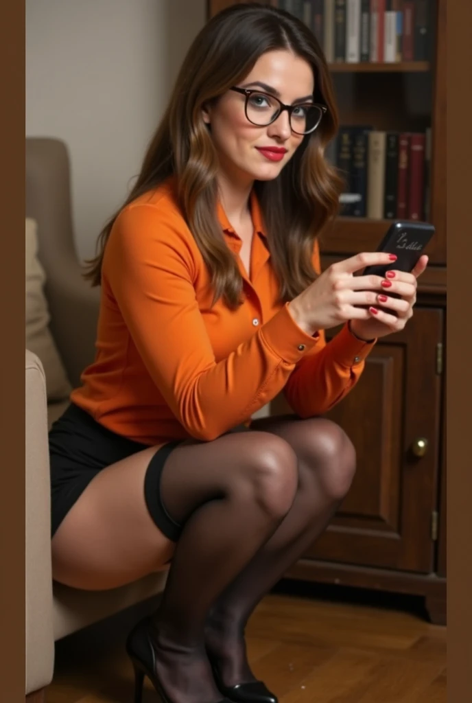 25 ans, brune, yeux marrons, delicate, professional light, flash lit, poudre de contour, sexy, French touch, cheveux de longueur moyenne, grains de beauté, sourire romantique, Seductive look, pose coquine, bonne couverture, de nuit, éclairée par les flashs des photographes, skin details, pores de la peau, Appareil photo numérique Kodak Smile 10MP, tendance on Behance, colorful clothes, ornement de cheveux, hairclip, cheveux moyens, rougit, (des mains parfaites) , dans un bureau, tenue de secretaire (lunettes, chemise blanche courte, jupe, bas, porte jarettelle), assise