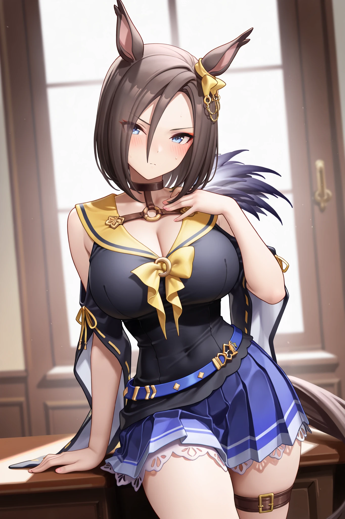 NSFW,masterpiece,Highest quality,high resolution,very detailed,Air Groove (umamusume),black shirt、 yellow sailor collar、Short sleeve、wide sleeve、belt、blue skirt、pleated skirt、thigh strap、choker、exposed shoulders、Chest Valley