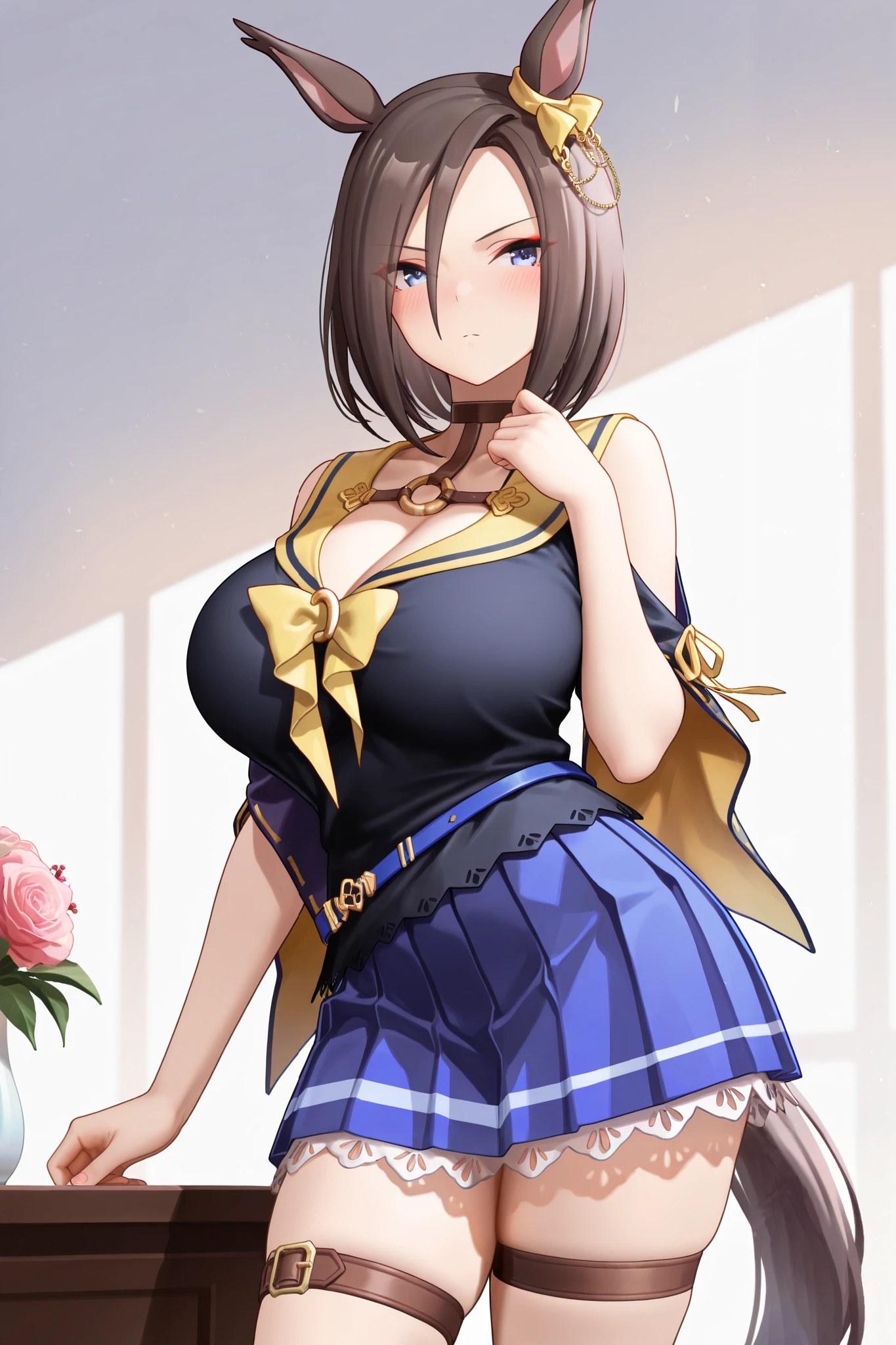 NSFW,masterpiece,Highest quality,high resolution,very detailed,Air Groove (umamusume),black shirt、 yellow sailor collar、Short sleeve、wide sleeve、belt、blue skirt、pleated skirt、thigh strap、choker、exposed shoulders、Chest Valley