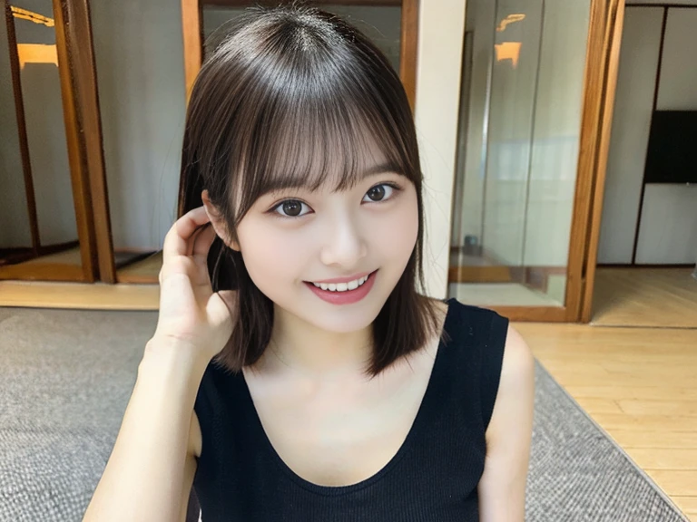 (1 ultra cute japanese girl, short hair:1.5), part-time job at a bar,detailed face, ultra detailed eyes, incredible beautiful eyes, symmetry dropped eyes, no makeup, big smile,Enthusiastic belly laugh, open mouth, best quality, 4k, 8k, highres, masterpiece, ultra-detailed, realistic, photorealistic, photo-realistic, HDR, UHD, studio lighting, ultra-fine painting, sharp focus, physically-based rendering, extreme detail description, professional, vivid colors, bokeh