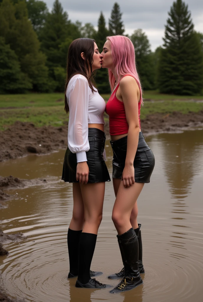 Masterpiece, Best Quality, Super detailed, illustartion, beautiful detail eyes, close up, with a boy and a girl. It was pink hair, White pleated shirt, cracked button on the chest, Upskirt. The boy has black hair, black catsuit, Black pants. Boys and girls kissing in the car, Severe rainy weather