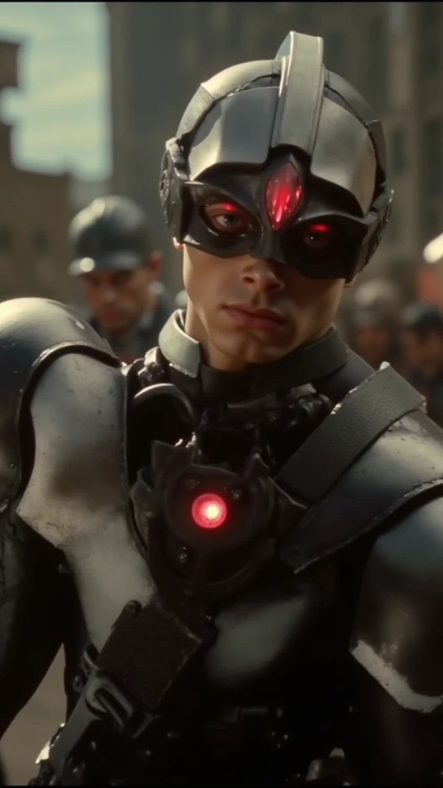 A low-resolution DVD screengrab from an early 2000s action movie, featuring Central Cee as Cyclops from X-Men, wearing a sleek X-Men suit with a red glowing visor, standing in a dramatic battle scene, slightly grainy texture, interlaced lines, muted color palette, cinematic lighting, subtle chromatic aberration