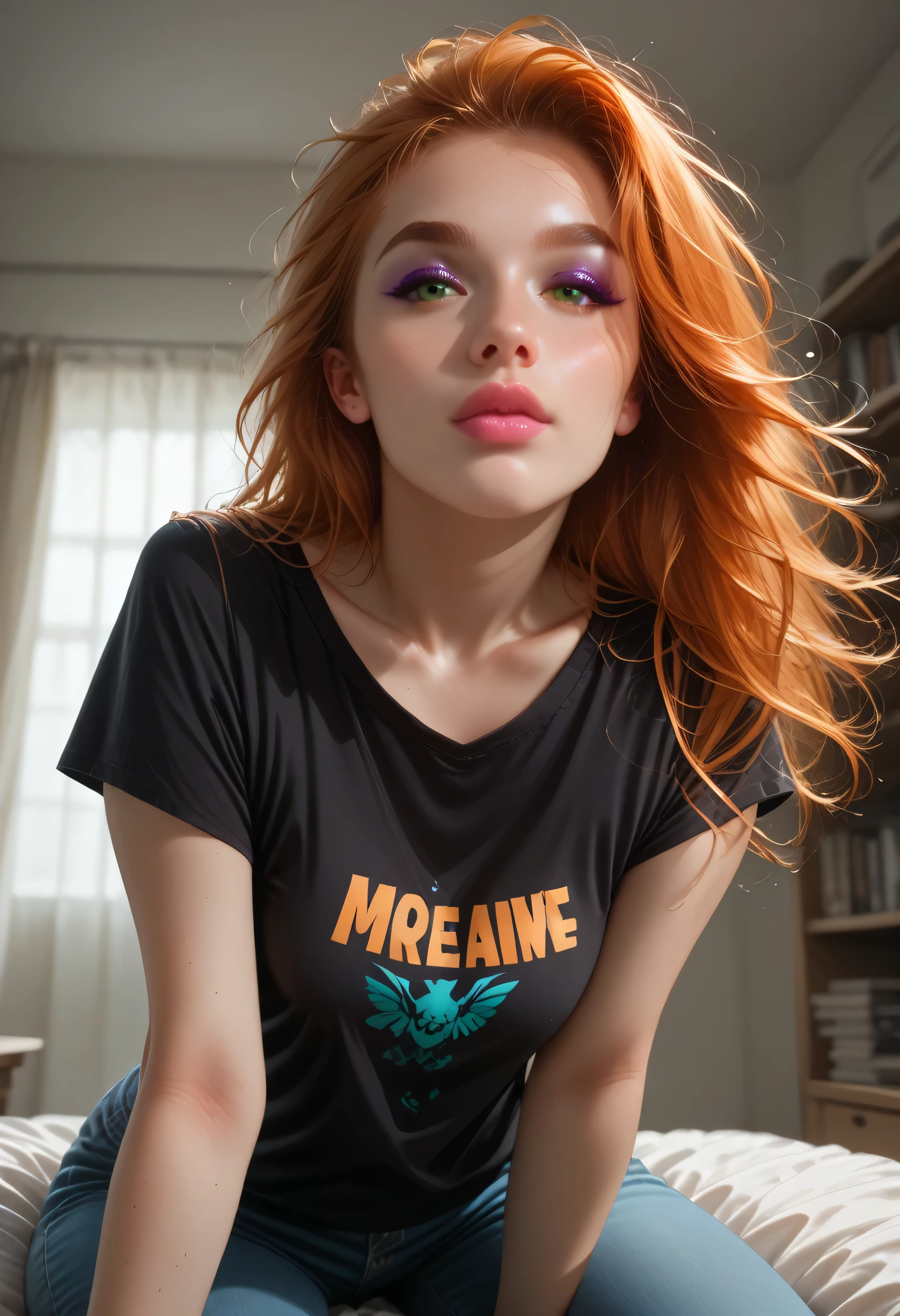 8K, depth of field, focused subject, dynamic angle, sexy pose, best quality, detailed eyes, perfect eyes, realistic eyes, Long hair, orange hair, green eyes, thick eyebrows, black eyebrows, purple eyeshadow, pink lips, full lips, slender body, floating hair, small ass, medium breast, realistic breast, black shirt, t-shirt, short sleeves, pants, BREAK, sitting, leaning forward slightly, front view, looking at viewer, movie perspective, blurry, indoors, depth of field, artist:moriimee, detailed,
