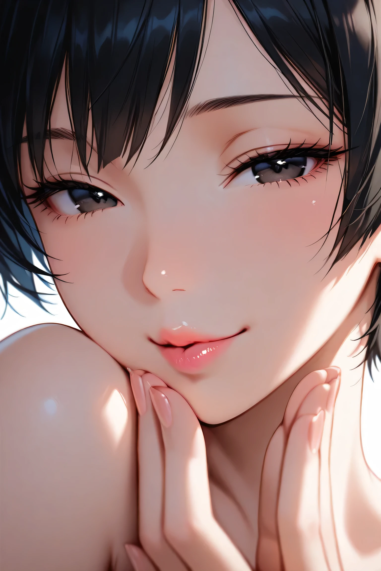insanely detailed, 
She is beautiful. 
Cell-shaded style with vibrant, harmonized colors, Highly detailed,  
sharp focus (1.4), crisp outlines, bold yet delicate lines, gentle depth, 
vibrant harmonized colors, crisp facial details, soft shadows, 
well-defined features, 
beautiful girl with a sharp focus face shot, puckering her lips to kiss a large strawberry with the number 15 written in white on it; the strawberry appears triangular, emphasizing sensuality solely through her sharply puckered lips. black eyes with intricate irises, large highlights, calm composed gaze with subtle intensity. She has an alluring mystique, stunning clarity, Gentle shading, beautiful detailed eyes with stunning clarity, exquisite eyelashes, sharp confident look. Short choppy messy pixie cut pure black hair with ahoge, silky smooth texture, delicate strands. Fair flawless skin, soft pink lips, slender figure, 
Soft ambient lighting, 
white background.
Solo girl(1.7), no additional characters, 
Masterpiece, best quality, ultra-detailed, 8k resolution, 
perfect anatomy, correct generation of hands, 4 fingers and 1 thumb, visible hands in a natural pose, both hands clearly visible, nice hands, perfect hand, (fingernail:1.3), no tattoos or symbols on face, 

three-quarter view, slightly side view, looking at viewer,  extreme close-up view, 
exceptional smile, Waiting for a kiss, piece sign, [closed eyes: (narrowed eyes:1.1), Bewitching grace], 
highly detailed face, refined body, flawless skin.