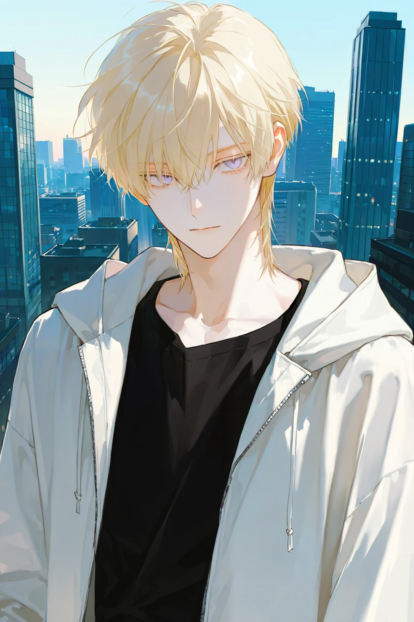 1 male, early 20s, delicate and handsome, deep-set eyes, bangs, neatly styled medium-length ash blonde hair, light lavender eyes, pale flawless skin, wearing a white hooded jacket over a black t-shirt, sharp and sexy appearance, modern city background, daytime.