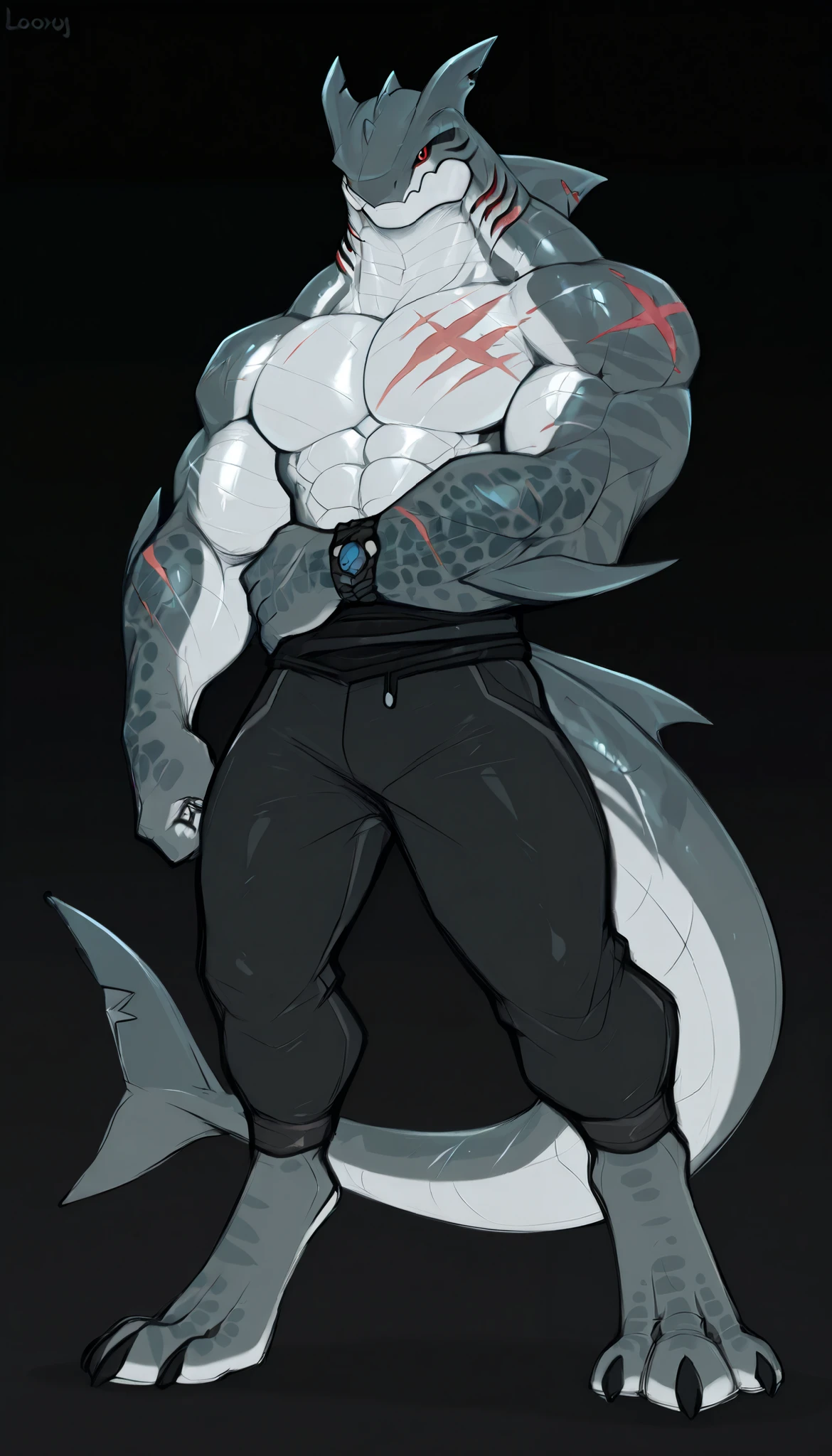 sharkman, anthro megalodon, darker hands and fins, solo, big arms, bara, detailed skin, lizard shark hybrid, anthro, closed mouth, polynesian tattoos, tattoos covering arm and shoulder, detailed scalie skin, scalie arms, fins on arms, gray color body, beefy, thick scales on arms, digitigrade legs, bulky body, light musclegut, proporcional body, mercenary pants, wide chest, old scars, marked jaw, 4 toes, thick shark tail, The design incorporates elements from various shark species, such as the dorsal fin, and muscular build, best quality, sketch, ultra-detailed, by laobai, by honovy, by Riolutiny, detailed illustration of 4K horror, standing ready to fight, dark background, dynamic pose, dynamic angle,