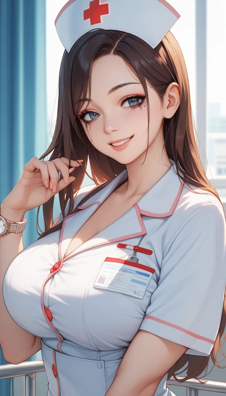 talian girl, 25 years old, wavy brown hair, tied in a ponytail, super breasts, white lab coat, green eyes, in a laboratory