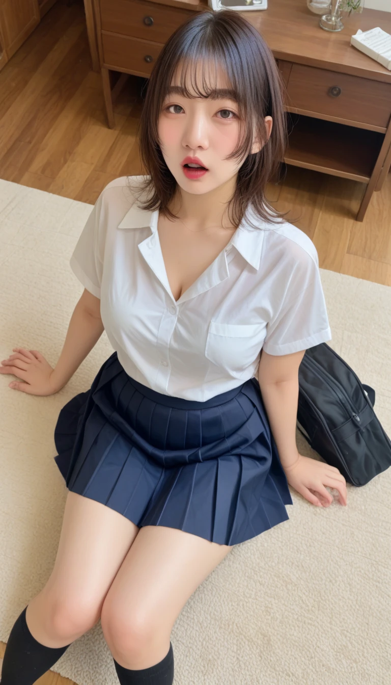 heavy makeup,smile,blonde,Japanese,white collared shirt, necktie, pleated skirt, micromini skirt, loafers, full body,Thighs look good,sitting