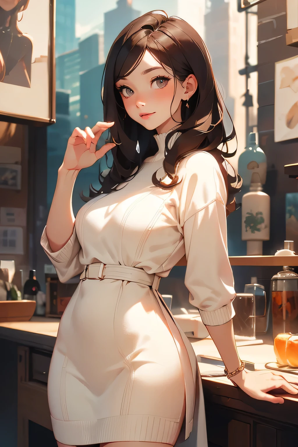 attractive young woman in knitted dress、natural smile、healthy skin、Relaxed random pose、4K、realistic、HDR、Studio Lighting、Ultra Fine Painting、deep focus、Professional、vibrant colors、 bokeh effects