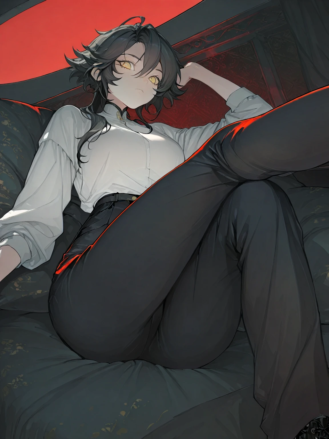 1boy cross-legged, pantyhose shirtless. long black hair wolf ears