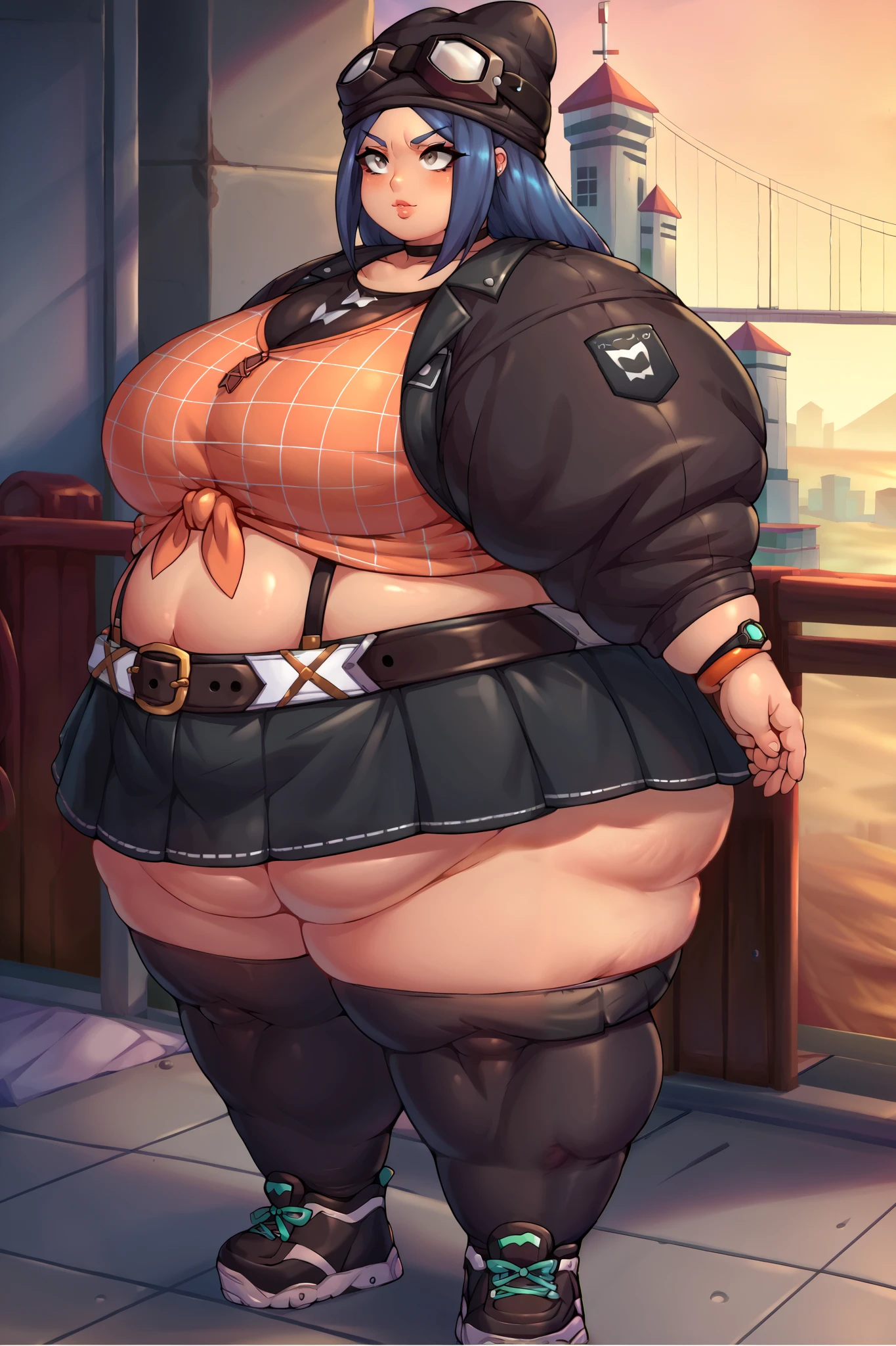 1woman, giant, fat, curvy, thick, big belly, wide hips ,thick thighs, big , chubby belly, tall, bloated belly. standing in a street. eating hamburgers. goth, gothic clothes, black clothes, black hair, tight clothes.