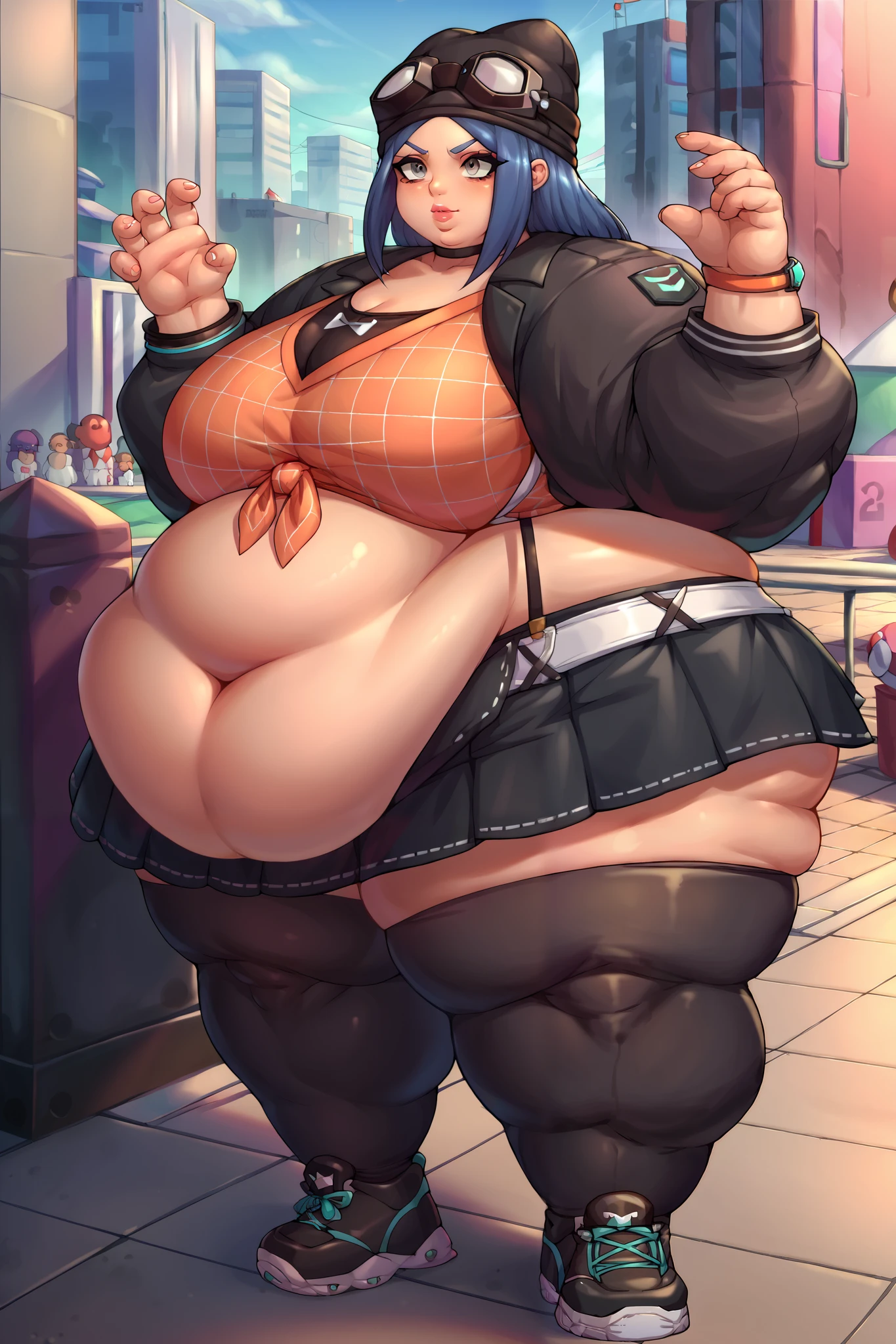 (((kipteitei art))), ((masterpiece)), (((best quality))), ((ultra-detailed)), (((illustration))), (1girl), (solo), ((Line art)), (in the style of cell shaded), (vivid colors), skindentation, short hair, {black hair}, ((hair over one eye)), (Fluffy hair), messy hair, looking at viewer, green eyes, blush, warm smile, nervous, affectionate, cute, goth girl, sweating,out of breath, ear piercing, choker, ((black crop top)), plaid skirt, (short skirt), thigh highs, black arm warmers, medium breasts, cleavage, (((wide hips))), (((((thick thighs))))), (chubby belly), belly rolls, navel, dynamic pose, standing, angled facing, facing to the side, mall, stores, in public,
