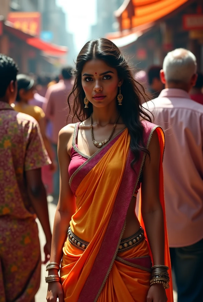 In the bustling streets of a vibrant Indian city, amidst the kaleidoscope of colors and scents, a woman (((Anne Hathaway: Selena Gomez:0.6))) clad in a vibrant red saree and a black blouse becomes an ethereal sight that captivates all who lay eyes upon her. (( huge smiling 0.3)) Her undeniable beauty transcends time and space, leaving onlookers spellbound.Describe the scene as the woman, with her graceful presence, glides through a crowded marketplace, where merchants and shoppers pause to admire her radiance. The atmosphere is alive with whispers as her mesmerizing allure evokes a sense of awe and admiration. Embark on a journey to reveal the woman’s story—her name, her background, her passions—and the reasons behind her choice of attire. Explore her persona, intertwining elements of mystery and allure, as people speculate on the secrets hiding behind her enchanting gaze.Incorporate the sights, sounds, and emotions that surround this extraordinary woman, as she navigates through the city’s vibrant tapestry. Whether it be the scent of freshly ground spices, the distant sound of temple bells, or the intricate henna designs adorning her hands, immerse the reader in the sensory experience of this captivating moment. As the story unfolds, her path intertwines with that of a curious photographer who becomes determined to capture her undeniable beauty in a single photograph. Describe their encounters, the photographer’s attempts to understand her story, and the profound impact this woman’s presence has on his own life.(Blur Background:1.6), (Blue Hue:0.8), (Auto focus:1.4)