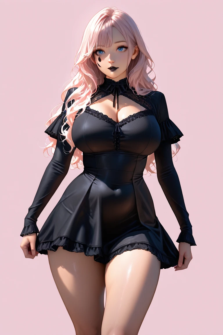 , short hair, huge breast, pink eyes, pink hair, animal ear, standing, whole body, feet, black dress, gorset, big cleavage, sexy, short