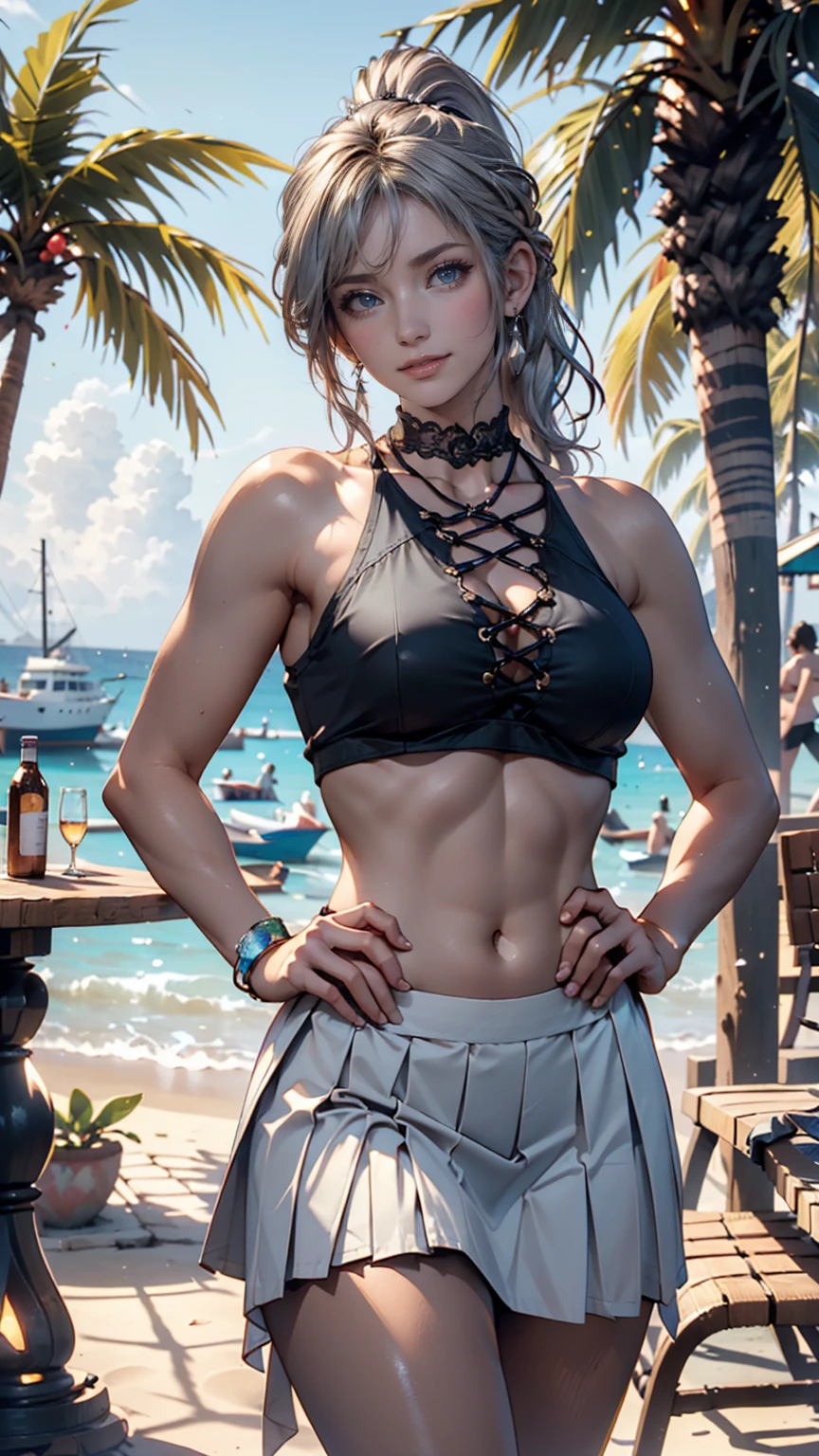 landscape, summer, blue sky, Okinawa, private Beach, Cove, Ocean, 1 female, Beach, Nobody, Hot Weather, sun, HD detailed, Super detailed, movie, Hyperrealism, Soft Light, Deep Focus Bokeh, Ray Tracing, gwise on art station pixiv, Makoto Shinkai, ArtJam、24-year-old female、Tying up hair((tied hair))、Silver Hair、Black Micro Bikini、Tattoo on the side of the thigh、Place hands on hipules((sandal))、