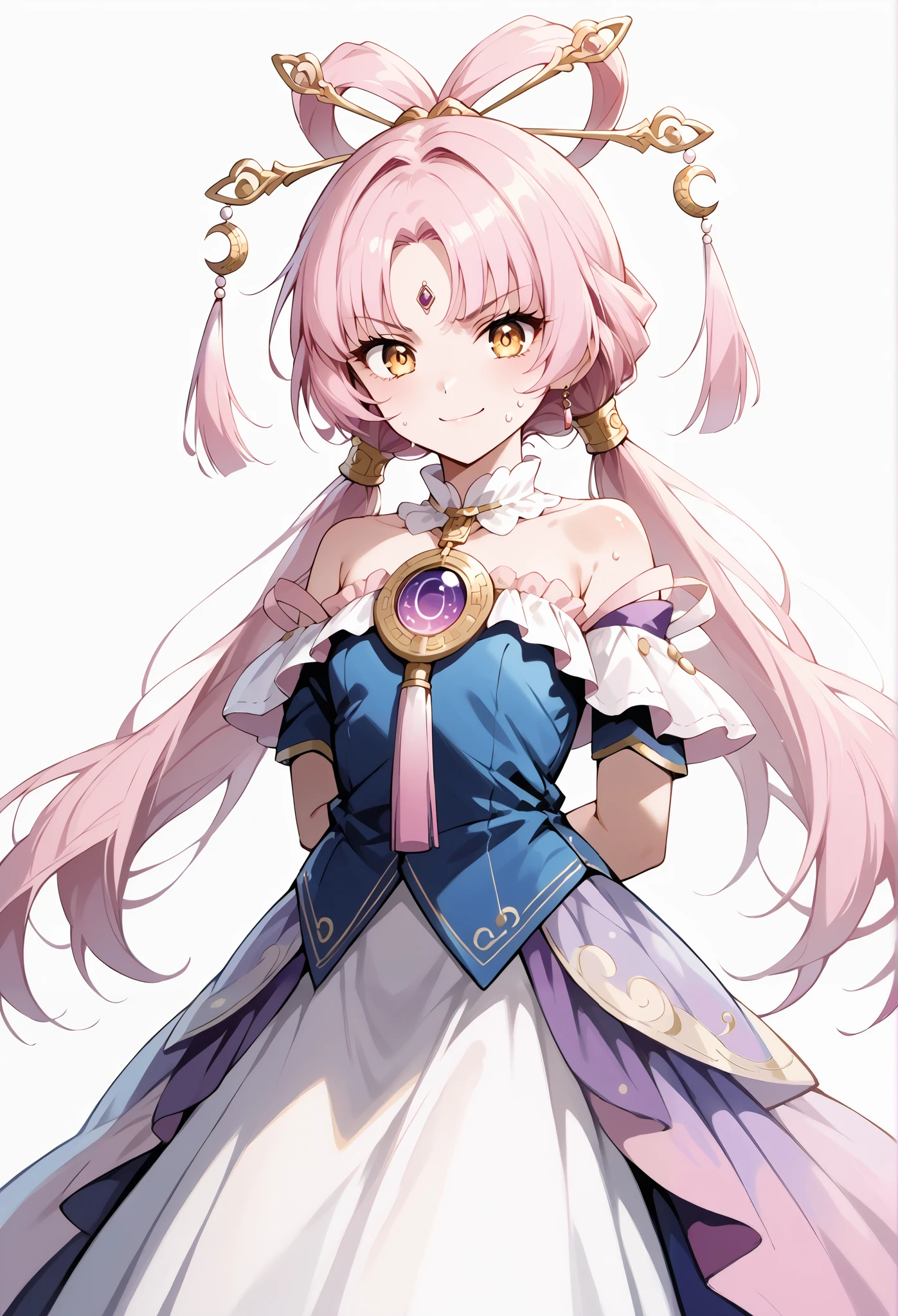 score_9, score_8_up, score_7_up, source_anime, 4K,perfect fingers,(perfect hands, perfect anatomy),prefect lighting, very aesthetic, intricate details,highly detailed background, masterpiece, high quality, best quality,
1girl,solo,fu xuan, pink hair, yellow eyes, bare shoulders, parted bangs, twin tails, bow-shaped hair, low twintails,Large Breast,
wearing (( cute, idol outfit, intricate clothes, )),,
sweating, ((white plain background)), Standing, ((Arms behind back:1.5)),looking at viewers,((front look:1,5)),evil smirk,
