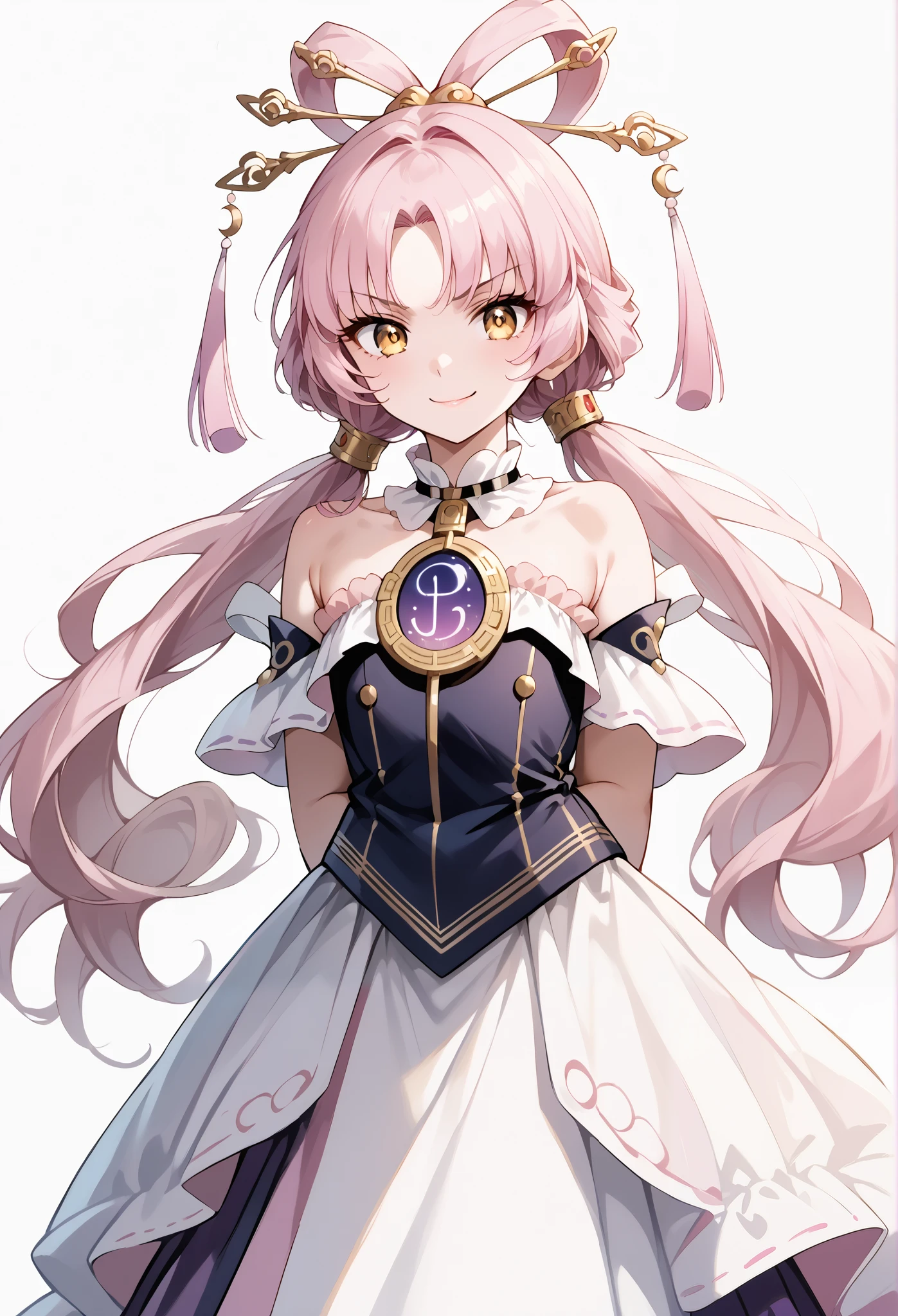 score_9, score_8_up, score_7_up, source_anime, 4K,perfect fingers,(perfect hands, perfect anatomy),prefect lighting, very aesthetic, intricate details,highly detailed background, masterpiece, high quality, best quality,
1girl,solo,fu xuan, pink hair, yellow eyes, bare shoulders, parted bangs, twin tails, bow-shaped hair, low twintails,Large Breast,
wearing (( cute, idol outfit, intricate clothes, )),,
sweating, ((white plain background)), Standing, ((Arms behind back:1.5)),looking at viewers,((front look:1,5)),evil smirk,