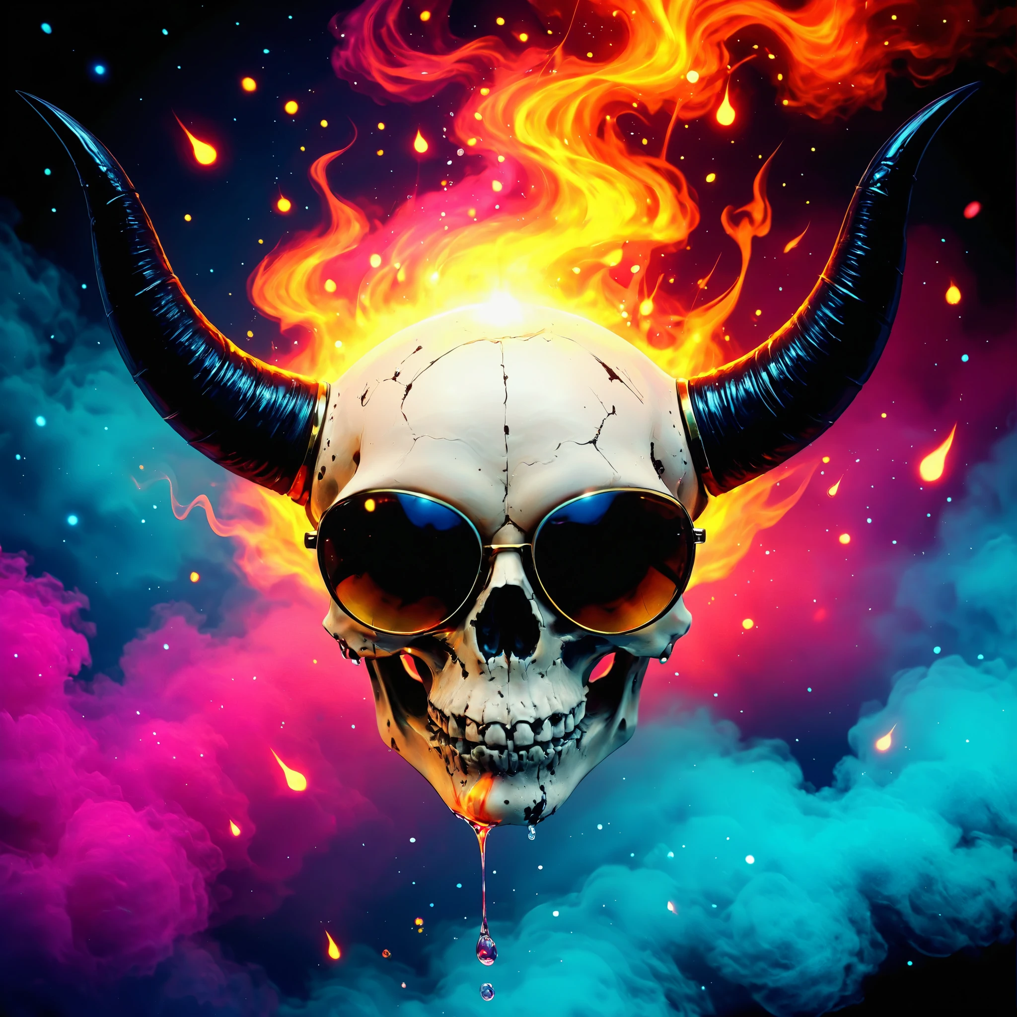 ((HALF PERSON)), A striking portrait, rendered in the style of Epic Splatter Art and Alcohol Ink, depicting a model with an otherworldly aesthetic. skull with horns. The model, appearing to be a young adult of mixed ethnicity with dark, expressive eyes, wears oversized, circular sunglasses featuring meticulously detailed celestial motifs—stars and a crescent moon etched onto the lenses. Their face is partially obscured by a swirling, smoky ghost image rendered in vibrant, contrasting alcohol inks, creating a mysterious and ethereal effect. Fire:0.9. The skull, a key element in the composition, is painted with an array of unusual, almost iridescent colors, enhancing the fantastical quality. Colored smoke billows around the model's head and shoulders, adding to the dynamic and chaotic energy of the piece. The background is a stark contrast of dark, deep blacks and rich, saturated colors, complementing the skull’s striking hues and the model's enigmatic expression. The composition is close-up, slightly off-center, creating an intimate yet dramatic viewing experience. The texture is rough and highly detailed, emphasizing the splatter and ink effects. The lighting is dramatic, with spotlights highlighting the skull and sunglasses, casting dramatic shadows to accentuate the smoky ghost effect. The overall mood is one of mystical intrigue and powerful energy; a blend of darkness and light, creating a captivating and unforgettable image. The style evokes the boldness of expressionism blended with the ethereal qualities of surrealism. Wide angle lens perspective.