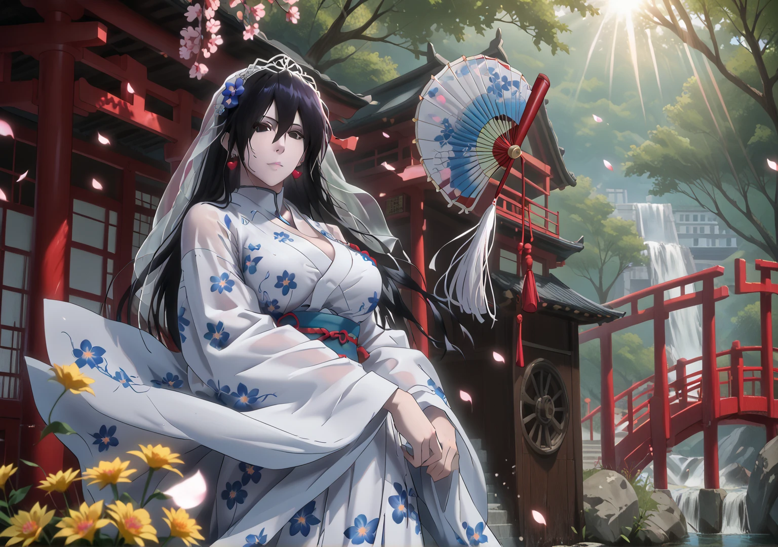 score_9, score_8_up, score_7_up, score_6_up, yuurei, black hair, long hair, large breasts, pale skin, black eyes, BREAK Anime Style, Manga Style, Hand drawn, cinematic, Sharp focus, humorous illustration, big depth of field, Masterpiece, concept art, trending on artstation, Vivid colors, Simplified style, trending on ArtStation, trending on CGSociety, Intricate, Vibrant colors, Soft Shading, Simplistic Features, Sharp Angles, Playful, excessive sweating, sweating profusely, sweating drop BREAK, 1girl, uchikake, kimono, japanese clothes, wataboushi, flower, hand fan, outdoors, large breasts, breasts, folding fan, looking at viewer, wide sleeves, tree, bride, holding fan, petals, bridge, holding, turret, veil, day, white kimono, wind, shrine, hair ornament, closed mouth, rope, cannon, hair flower, long sleeves, solo, architecture, alternate costume, shimenawa, jewelry, wedding dress, east asian architecture, sunlight, wedding, folded fan, blue flower, bridal veil, floral print, tassel, falling leaves, wind lift, alternate hairstyle, earrings, bell, yellow flower, light rays,