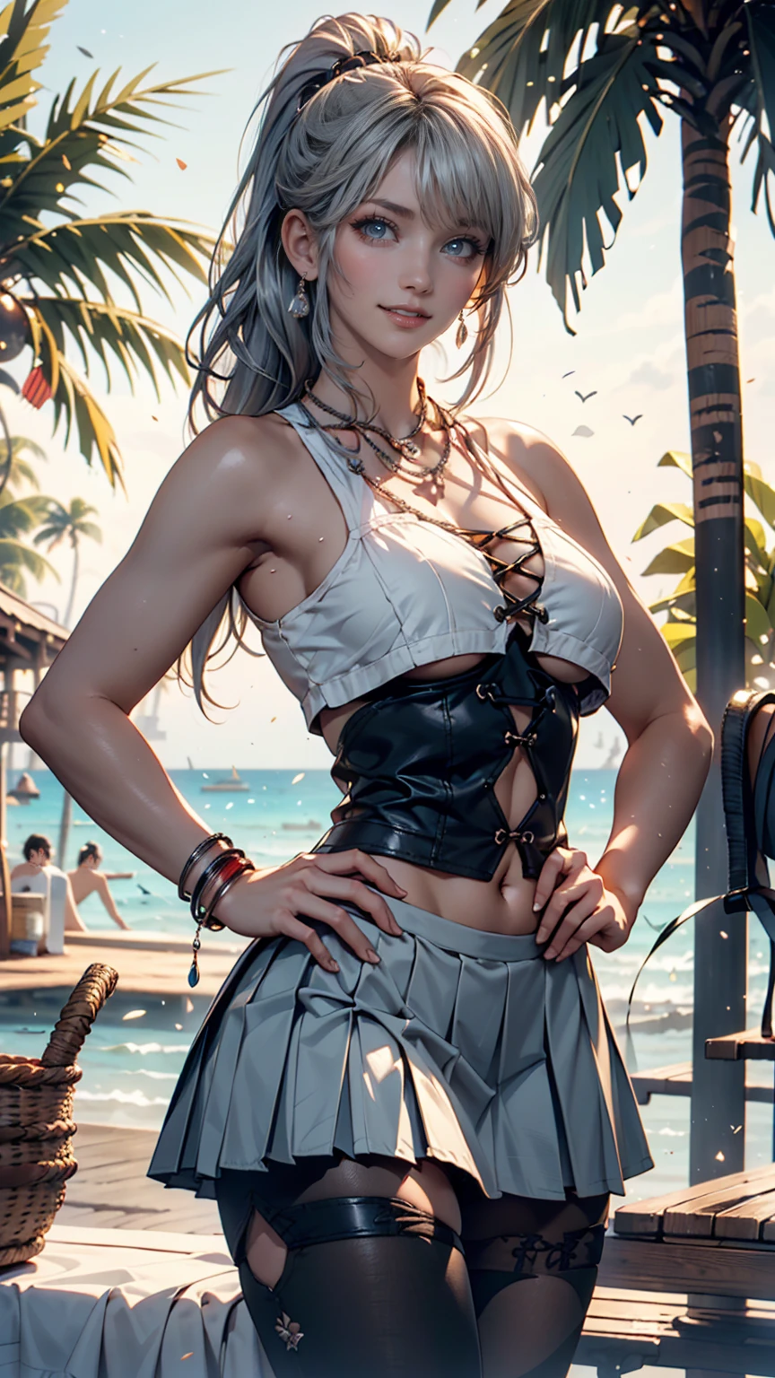 (tmasterpiece), (beste-Qualit), realisti, cinematiclight, Hinata from Naruto smiles, cool pose, battlefield background, the perfect body, white eyes, white colored hair