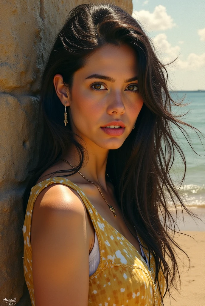 (Best quality, Ultra-detailed: 1.1), Hermosa mujer, (beautiful woman), Spanish origin, exotic features, radiant complexion, long wavy hair, (golden curls), brown eyes, full lips, (rosy hue), engaging smile, elegant attire, graceful posture, (stunning beauty: 1.3),
(cinematic portraiture: 1.2), natural lighting, tropical background, lush greenery, turquoise waters, vibrant colors, (captivating: 1.5), (Calm, serene expression), intricate details, (highly textured skin), (breat