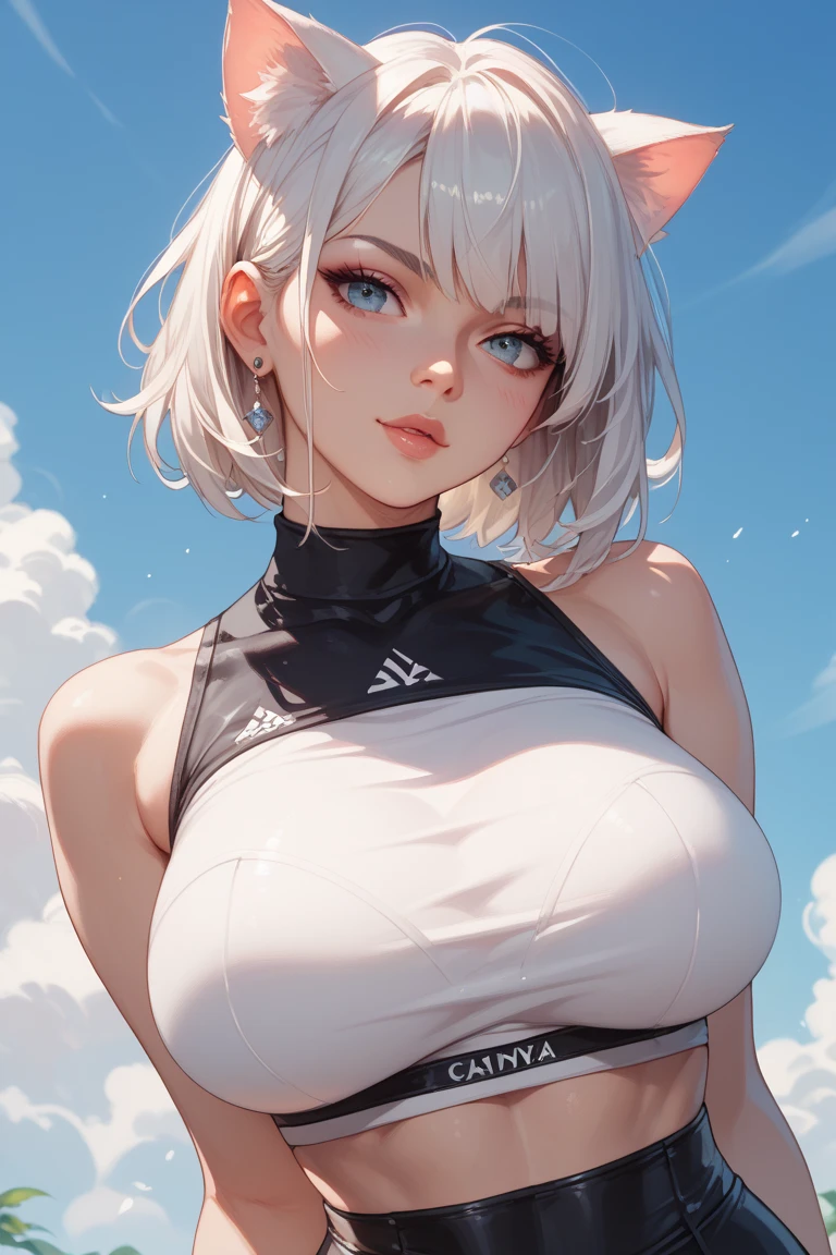 masterpiece, best quality, <lora:mioXenobladeLora_1:0.5>, 1girl, animal ears, bare shoulders, grey hair, braid, breasts, fingerless gloves, gloves, jacket, looking at viewer, off shoulder, short hair, solo, white gloves, yellow eyes, large