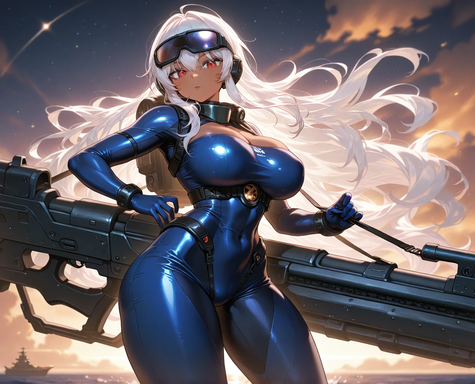 perfect hands, perfect finger,perfect anatomy, masterpiece, best quality,realistic, hyperrealistic, 16k hdr,1girl, large breasts,erected nipples,silver hair, braid,mobile trace suit, shoulder armor,bodysuit,fighting pose, upper body, cockpit,from above