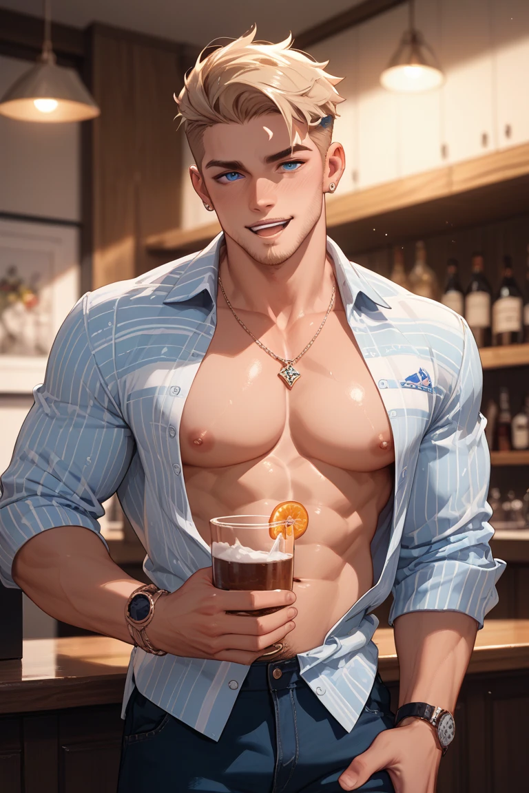 men, solo, muscle, bar, wine, beer, warm yellow light, shirtless, cheese, milk, sexy smile