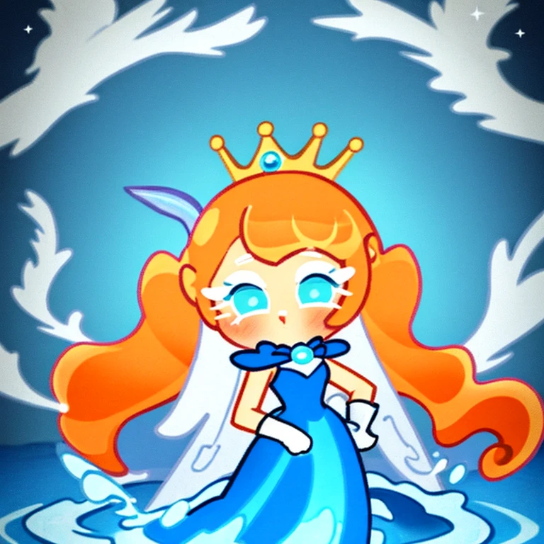 A girl fantasy,a princess wearing a beautiful dress with red hair, with two hands behind the left and right sides, with a red and blue background palace