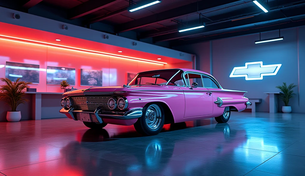 In saleek showroom 1960 Chevy Impala in back wall logo Chevy