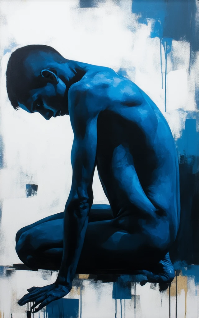 chiaroscuro technique on sensual illustration of an arafed man in white underwear, sexy masculine, diego fazio, male model, by Ludovit Fulla, model with attractive body, inspired by Ludovit Fulla, mid-shot of a hunky, the model draped in flowing, thick oil painting by Harumi Hironaka, extremely soft colors, vibrant, highly detailed, malcolm liepke painting, oil on canvas, high contrast, dramatic, refined, tonal, Create a serene profile portrait with the subject facing left. Use a vibrant color palette of blues, reds, and oranges. The background should be minimalistic in cool blue tones. Employ bold, visible brush strokes and the impasto technique for texture. Blend realism with abstraction, emphasizing strong contrasts and dynamic color blocking. Aim for a modern, contemplative feel. Apply the paint to the canvas with a firm, decisive motion, allowing it to sit thickly on the surface. Vary the direction and length of your strokes to create an interesting, varied texture.