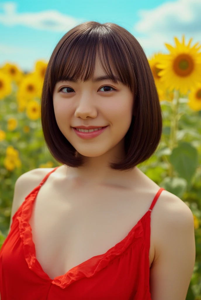 8k, RAW photo, best quality, masterpiece, realistic, photo-realistic, clear, professional lighting, beautiful face, no makeup, best quality, ultra high res, BREAK, Japanese cute girl, 14 years old, (short cut hair:1.2), smile, BREAK, standing, BREAK, (Sunflower field:1.3), (black eyes, black hair:1.2)