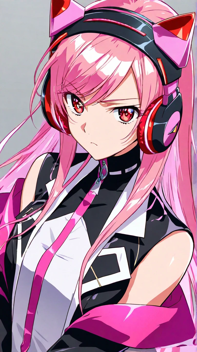 High resolution, Highest quality,(2.0)One girl, Pink Hair,Purple Jacket,Sticking out tongue,Headphones,Viewer's perspective、cap、Light blue eyes、