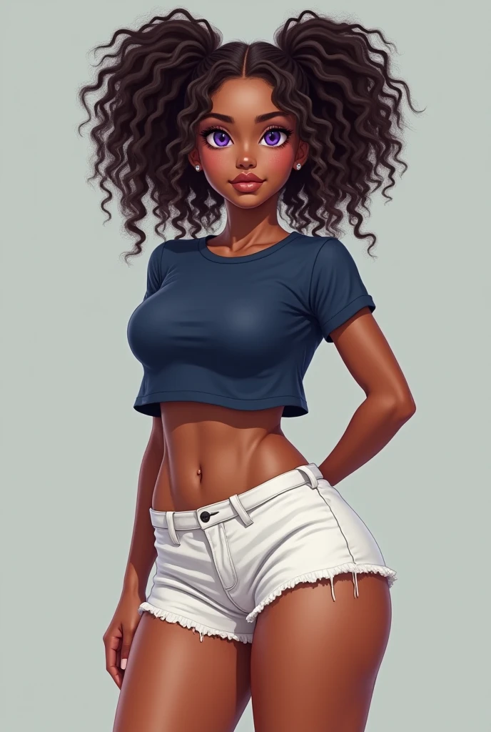 Artistic portrait of a 13 year old girl with small breasts, Long and curly hair, black fur, open shorts. , Gray girl's school shirt with V-neck waist-high stockings., That are beautiful.