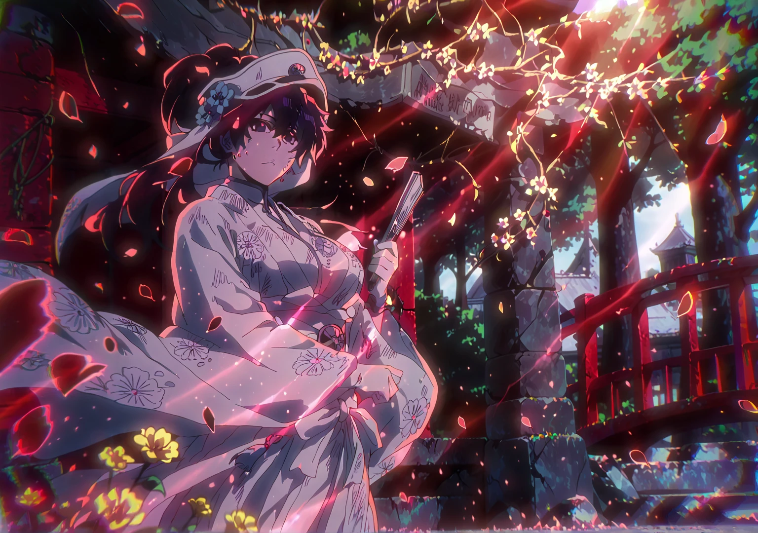 score_9, score_8_up, score_7_up, score_6_up, long hair, black hair, hair between eyes, dark purple eyes, large breasts, bright pupils, plump, BREAK Anime Style, Manga Style, Hand drawn, cinematic, Sharp focus, humorous illustration, big depth of field, Masterpiece, concept art, trending on artstation, Vivid colors, Simplified style, trending on ArtStation, trending on CGSociety, Intricate, Vibrant colors, Soft Shading, Simplistic Features, Sharp Angles, Playful, excessive sweating, sweating profusely, sweating drop BREAK, 1girl, uchikake, kimono, japanese clothes, wataboushi, flower, hand fan, outdoors, large breasts, breasts, folding fan, looking at viewer, wide sleeves, tree, bride, holding fan, petals, bridge, holding, turret, veil, day, white kimono, wind, shrine, hair ornament, closed mouth, rope, cannon, hair flower, long sleeves, solo, architecture, alternate costume, shimenawa, jewelry, wedding dress, east asian architecture, sunlight, wedding, folded fan, blue flower, bridal veil, floral print, tassel, falling leaves, wind lift, alternate hairstyle, earrings, bell, yellow flower, light rays,