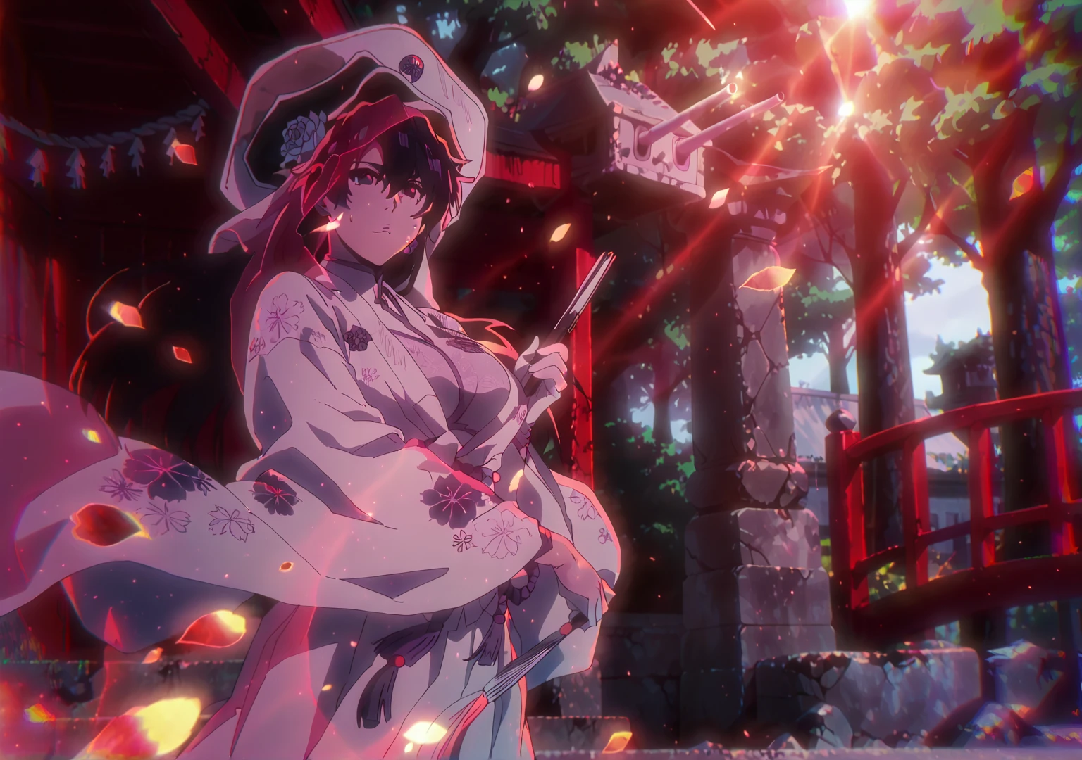 score_9, score_8_up, score_7_up, score_6_up, long hair, black hair, hair between eyes, dark purple eyes, large breasts, bright pupils, plump, BREAK Anime Style, Manga Style, Hand drawn, cinematic, Sharp focus, humorous illustration, big depth of field, Masterpiece, concept art, trending on artstation, Vivid colors, Simplified style, trending on ArtStation, trending on CGSociety, Intricate, Vibrant colors, Soft Shading, Simplistic Features, Sharp Angles, Playful, excessive sweating, sweating profusely, sweating drop BREAK, 1girl, uchikake, kimono, japanese clothes, wataboushi, flower, hand fan, outdoors, large breasts, breasts, folding fan, looking at viewer, wide sleeves, tree, bride, holding fan, petals, bridge, holding, turret, veil, day, white kimono, wind, shrine, hair ornament, closed mouth, rope, cannon, hair flower, long sleeves, solo, architecture, alternate costume, shimenawa, jewelry, wedding dress, east asian architecture, sunlight, wedding, folded fan, blue flower, bridal veil, floral print, tassel, falling leaves, wind lift, alternate hairstyle, earrings, bell, yellow flower, light rays,