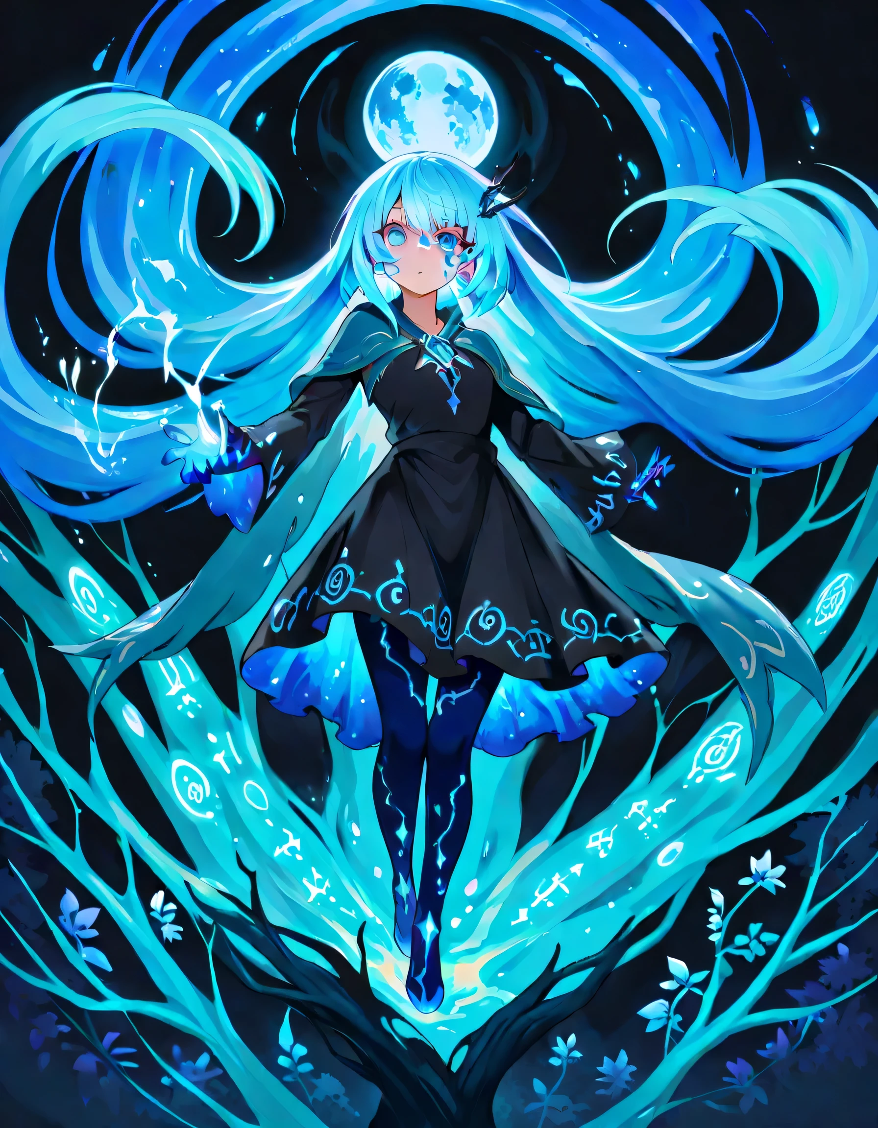 create a high-resolution of an An anime boy, mage with blue magical runes glowing around him, casting a powerful spell. The background is an enchanted forest with bioluminescent plants and a mystical blue moon shining above, wear a black and blue mixed dress, blue highlights, no override, 16k quality, masterpiece, color flowing like paint.
