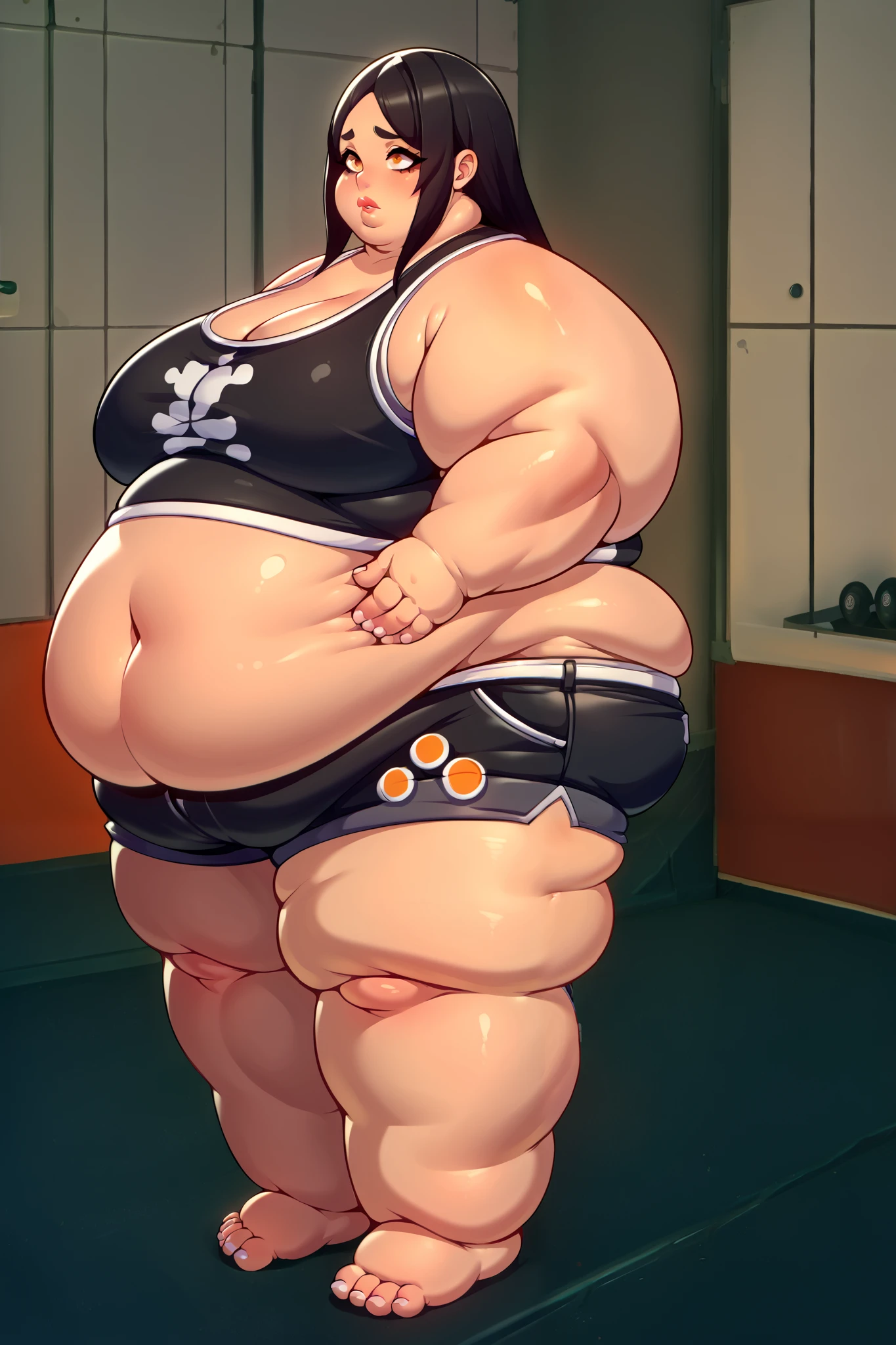 Anime Women, Lady、Forehead、Black Hair、Braid、Glasses、Hanging eyes、Brown eyes、Are fat、Chubby、Voluptuous、obesity、Double chin、Cheek、Fat-covered neck、Big Breasts、Saggy breasts、Thick upper arms、Fat Belly、Sagging belly、tall、Dark brown striped suit、High heels、Sweat、Embarrassed、Exercising