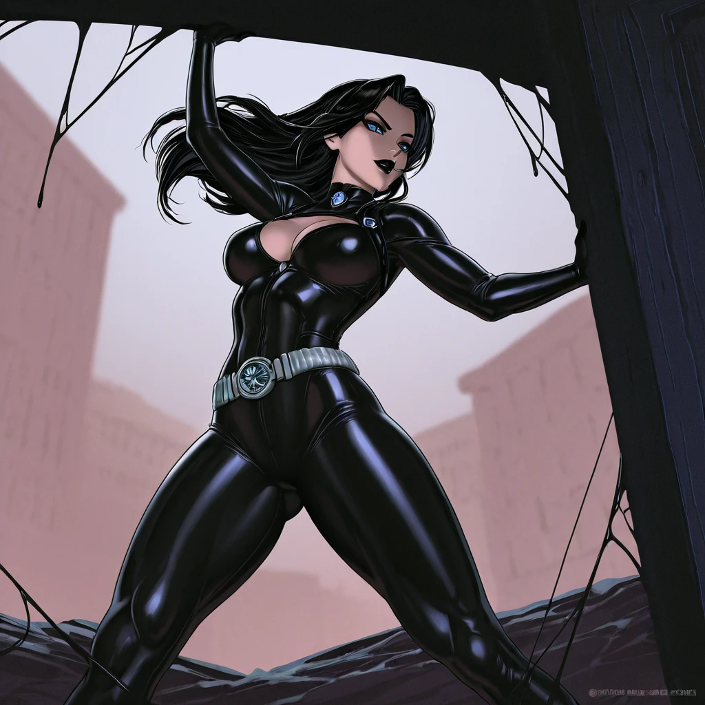 comic book, noir inspired poster with title "(change)". "(white skinned girl with long black hair with a single braid down to her waist, action scene, corpo perfeitoescult,ponto de fuga, perspectiva visao aerea, cinematic angle)". The scene should be in the distinct digital art style of comic book, with.