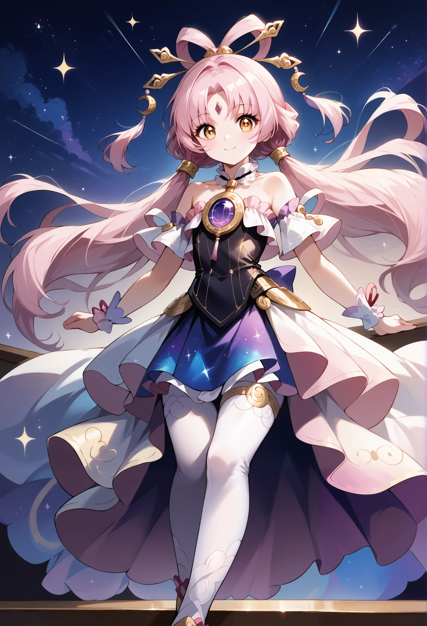 score_9, score_8_up, score_7_up, source_anime, 4K,perfect fingers,(perfect hands, perfect anatomy),prefect lighting, very aesthetic, intricate details,highly detailed background, masterpiece, high quality, best quality,
1girl,solo,fu xuan, pink hair, yellow eyes, bare shoulders, parted bangs, twin tails, bow-shaped hair, low twintails,Large Breast,
wearing (( cute, idol outfit, intricate clothes, sparkling clothes, )),,
girls band, on stage, spotlights, dynamic pose,