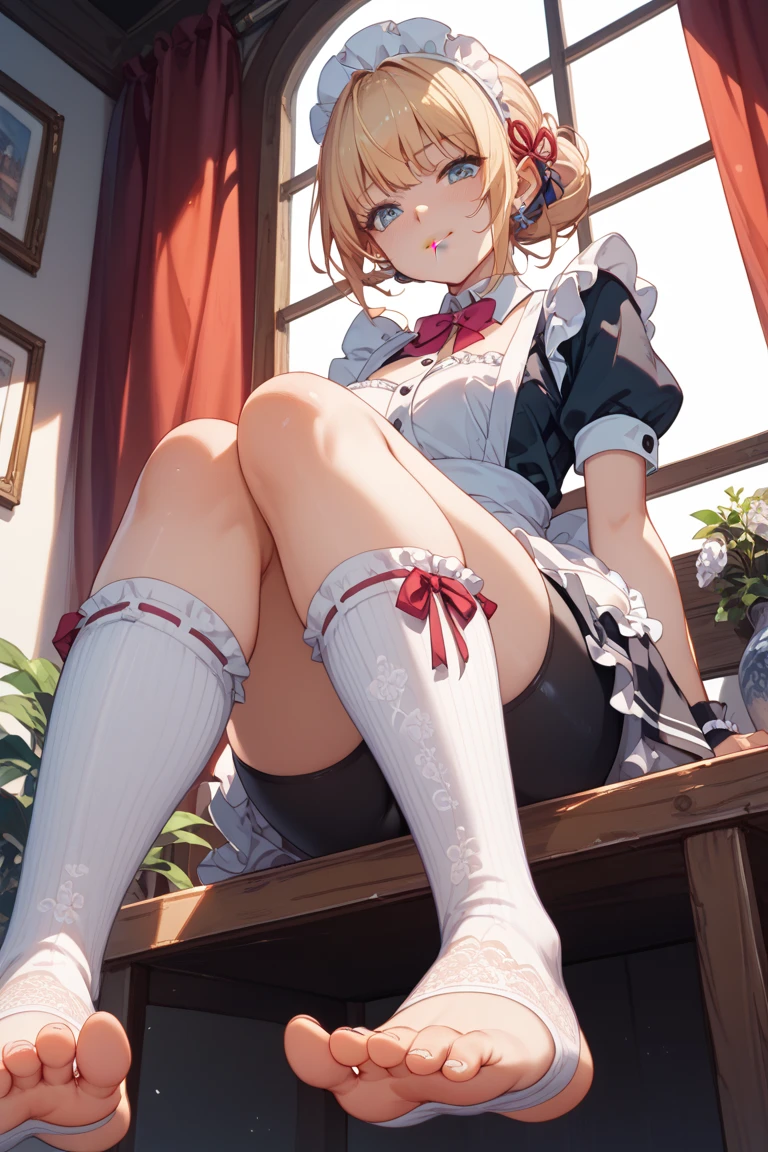 (perky chest:1.2), (pointed chest:1.2),(((Black Tunic:1.3))),(((cakes and bread in the basket),Cute and beautiful girl,Cute round face,Cute smile,with blush cheeks,Red Lip,a girl 22 years old, nsfw:1.2, beautiful body:1.3), shinny skin, BREAK, ((alice in the wonderland:1.3, cute, kawaii, lovely, funny, a girl falling down from sky:1.3, girl flying in sky:1.2, girl floating in air:1.3, rolling upskirt by wind:1.5, (with sparkling eyes and a contagious smile),open mouth, Looking at Viewer, surprised, putting hands on crotch over the skirts:1.35)), BREAK, ((floating things as follows:1.3, PlayingCards, Trump, tea cup, tea pot, tea spoons, pocket watch:1.3, lip sticks, candies:1.2, cookies, jam bottles, classical door_keys)), ((long purply_Blue dress :1.5, wearing long flaired skirt:1.3, the skirt is blowing:1.3, cute White Apron, black stockingedium long platinum-blonde hair:1.2, twin tail hair:1.6, tied hair with a large ribbon), (Blue eyes, bright pupils with highlights, detailed eyes), (lying down on your back:0.7, spreading legs with rising up straight:0.7), sexy posture, fantastic colorful art, (fantasy art:1.2, wondered images), ((correct anatomy:1.5, perfect anatomy:1.3, correct hand, small foot:1.2)),