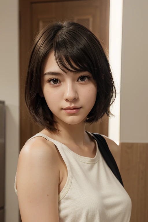 Ultra-high resolution, (Realistic: 1.4), RAW Photos, highest quality, (Realisticistic), concentrate, Soft Light, ((28 years old)), ((Japanese)), (front, Young Face))), (Written boundary depth), masterpiece, (Realistic), woman, short hair、Black Hair,  Bedroom, Small breasts、Small breasts、Sleep on your back:1.5、Judo:1.5、whole body