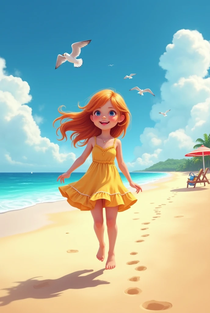 A cartoon video of a young woman walking a cat in the morning sunlight, with a sea view in the background.