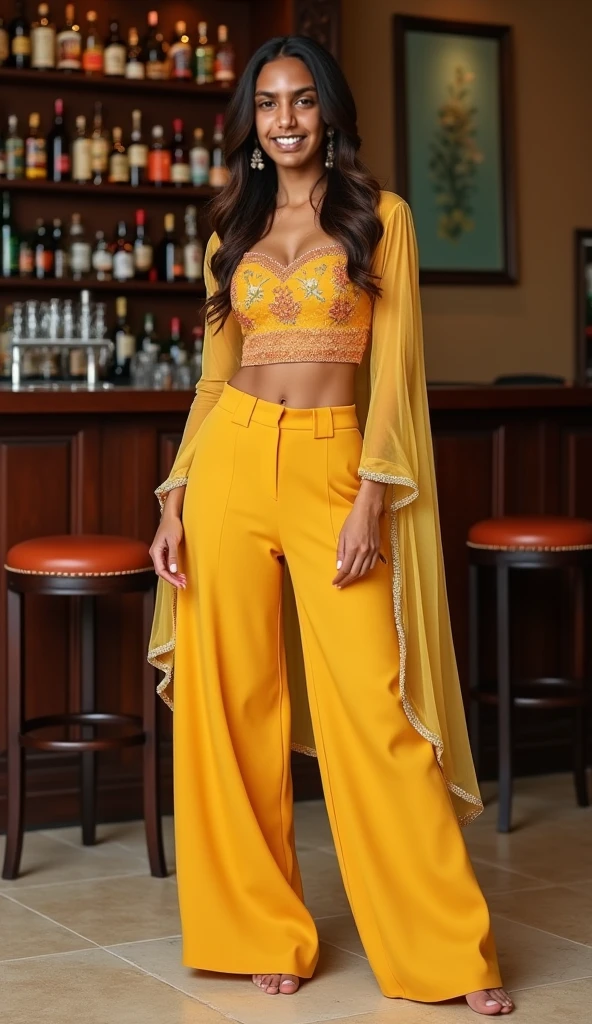 Half-length glamour portrait, nikon D850, f1.6 lens, 200mm, DSLR, 22 Megapixels, (((Rooftop terrace at night scene))), shot of a stunning 19 years old korean girl, (smile:1.4), (wearing cream corduroy shirt with Mustard yellow pleated cigarette trousers:1.6), ((seductive pose)), hot girl, (((big natural breasts))), (((black fringe hair))), (small girl), symmetrical face, photorealistic, photography, (bright natural lighting), gorgeous, deep cleavage, (masterpiece), best quality, high resolution, extremely detailed, cinematic lighting, (((very narrow waist))), rich colors, hyper realistic, lifelike texture, ((jewelry)), (((She has beautiful hands and wears rings))), (bracelet), (necklace), (ankle chain), (nail polish) (earrings), Fuji Superia 200, 8k